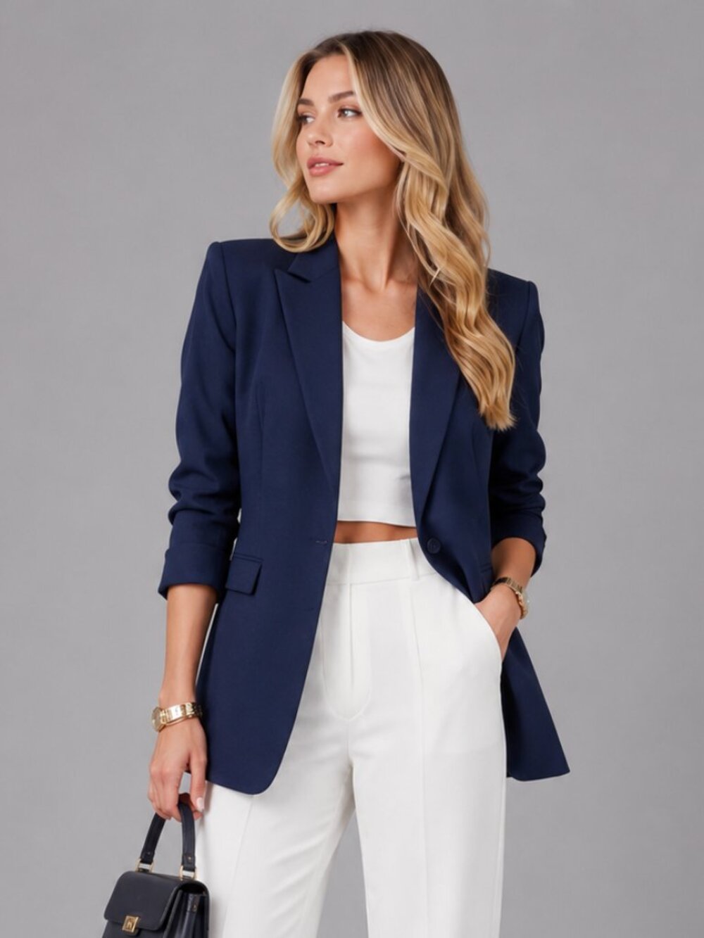 Women's Navy Blue Notch Lapel Blazer Office Business Casual Long Sleeve Jacket